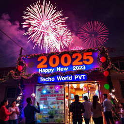 A festive New Year 2025 celebration scene featuring a vibrant fireworks display in the night sky