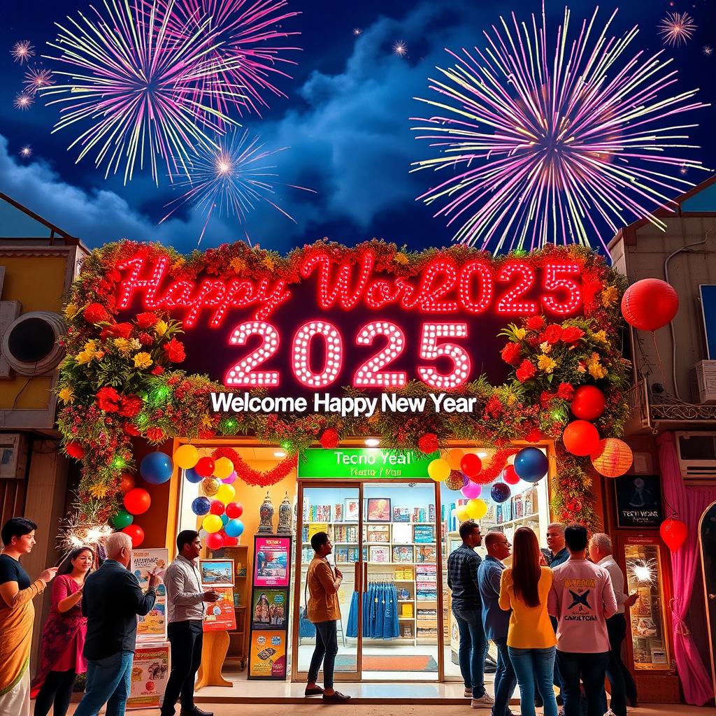 A festive New Year 2025 celebration scene featuring a vibrant fireworks display in the night sky