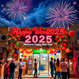 A festive New Year 2025 celebration scene featuring a vibrant fireworks display in the night sky