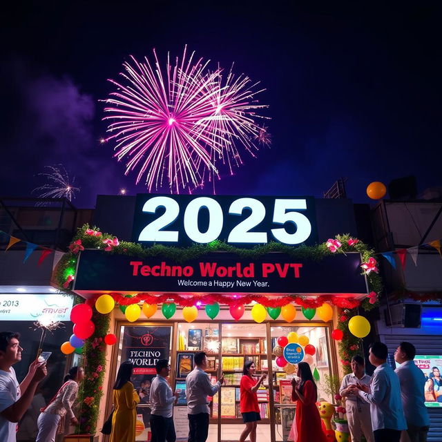 A festive New Year 2025 celebration scene featuring a vibrant fireworks display in the night sky