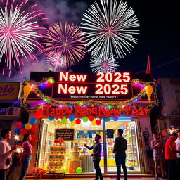 A festive New Year 2025 celebration scene featuring a vibrant fireworks display in the night sky