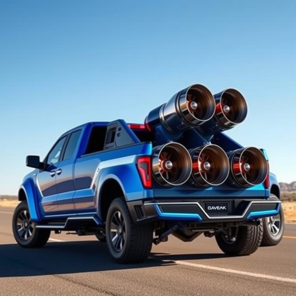 A futuristic 2023 Ford Maverick truck, featuring an impressive quad rocket engine setup in the bed of the truck