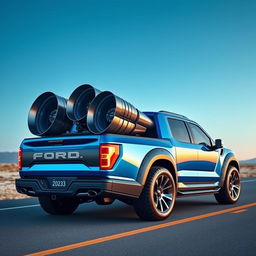 A futuristic 2023 Ford Maverick truck, featuring an impressive quad rocket engine setup in the bed of the truck