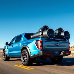 A futuristic 2023 Ford Maverick truck, featuring an impressive quad rocket engine setup in the bed of the truck