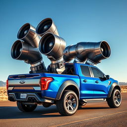 A futuristic 2023 Ford Maverick truck, featuring an impressive quad rocket engine setup in the bed of the truck