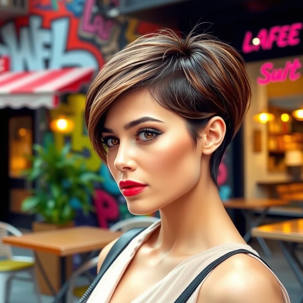 A stylish and modern short haircut for women, featuring smooth, sleek lines with a slight wave, giving a fresh and trendy look