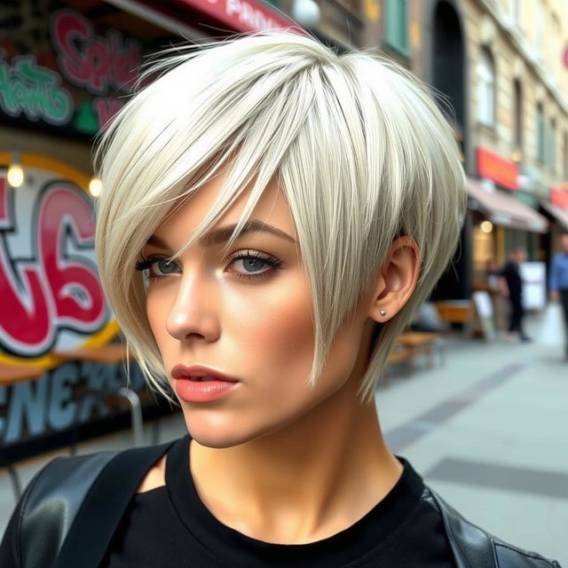 A stylish and modern short haircut for women, featuring smooth, sleek lines with a slight wave, giving a fresh and trendy look