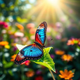 A stunning and highly detailed close-up photograph of a vibrant butterfly resting on a lush green leaf in its natural habitat
