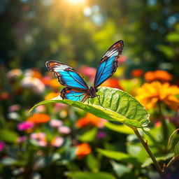 A stunning and highly detailed close-up photograph of a vibrant butterfly resting on a lush green leaf in its natural habitat