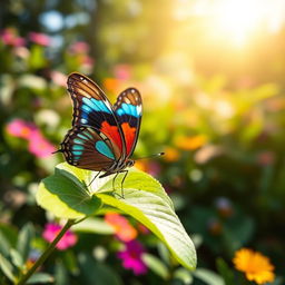 A stunning and highly detailed close-up photograph of a vibrant butterfly resting on a lush green leaf in its natural habitat