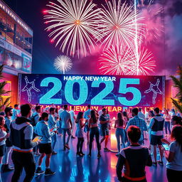 A vibrant and futuristic New Year celebration for 2025, featuring a high-tech themed party organized by a company named 'Techno World Pvt'