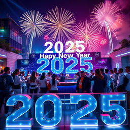 A vibrant and futuristic New Year celebration for 2025, featuring a high-tech themed party organized by a company named 'Techno World Pvt'