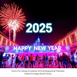 A vibrant and futuristic New Year celebration for 2025, featuring a high-tech themed party organized by a company named 'Techno World Pvt'