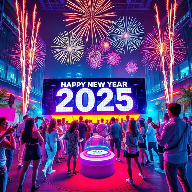 A vibrant and futuristic New Year celebration for 2025, featuring a high-tech themed party organized by a company named 'Techno World Pvt'