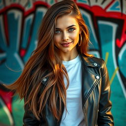 A stunningly realistic portrait of a confident young woman with long flowing brown hair, wearing a sleek black leather jacket and a white t-shirt, standing against a vibrant urban graffiti wall
