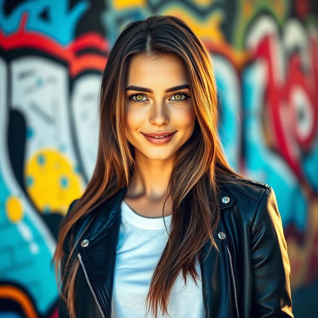 A stunningly realistic portrait of a confident young woman with long flowing brown hair, wearing a sleek black leather jacket and a white t-shirt, standing against a vibrant urban graffiti wall