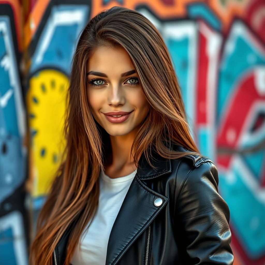 A stunningly realistic portrait of a confident young woman with long flowing brown hair, wearing a sleek black leather jacket and a white t-shirt, standing against a vibrant urban graffiti wall