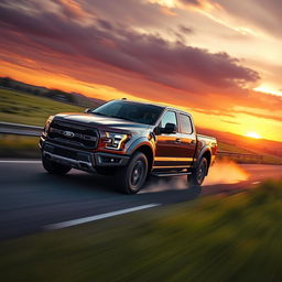 A Ford Maverick truck speeding down a highway, the sun setting in the background, creating a dramatic sky with warm hues of orange and purple