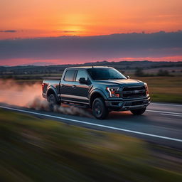 A Ford Maverick truck speeding down a highway, the sun setting in the background, creating a dramatic sky with warm hues of orange and purple