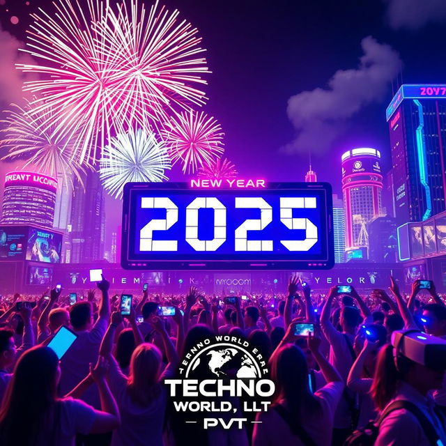 A vibrant New Year celebration scene set in a futuristic technology world, showcasing a dazzling skyline with high-tech buildings adorned with colorful lights and holographic displays