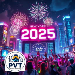 A vibrant New Year celebration scene set in a futuristic technology world, showcasing a dazzling skyline with high-tech buildings adorned with colorful lights and holographic displays