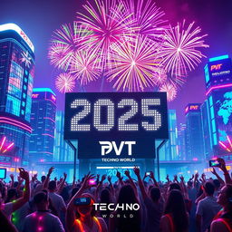 A vibrant New Year celebration scene set in a futuristic technology world, showcasing a dazzling skyline with high-tech buildings adorned with colorful lights and holographic displays