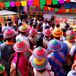 A vibrant celebration scene on National Dhakatopi Day featuring colorful traditional dhakatopi hats being worn by a diverse group of people in a festive atmosphere