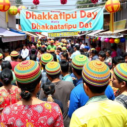 A vibrant celebration scene on National Dhakatopi Day featuring colorful traditional dhakatopi hats being worn by a diverse group of people in a festive atmosphere