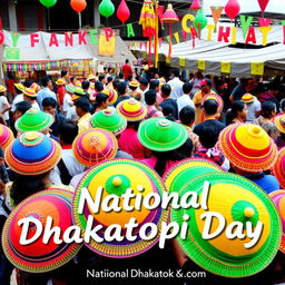 A vibrant celebration scene on National Dhakatopi Day featuring colorful traditional dhakatopi hats being worn by a diverse group of people in a festive atmosphere