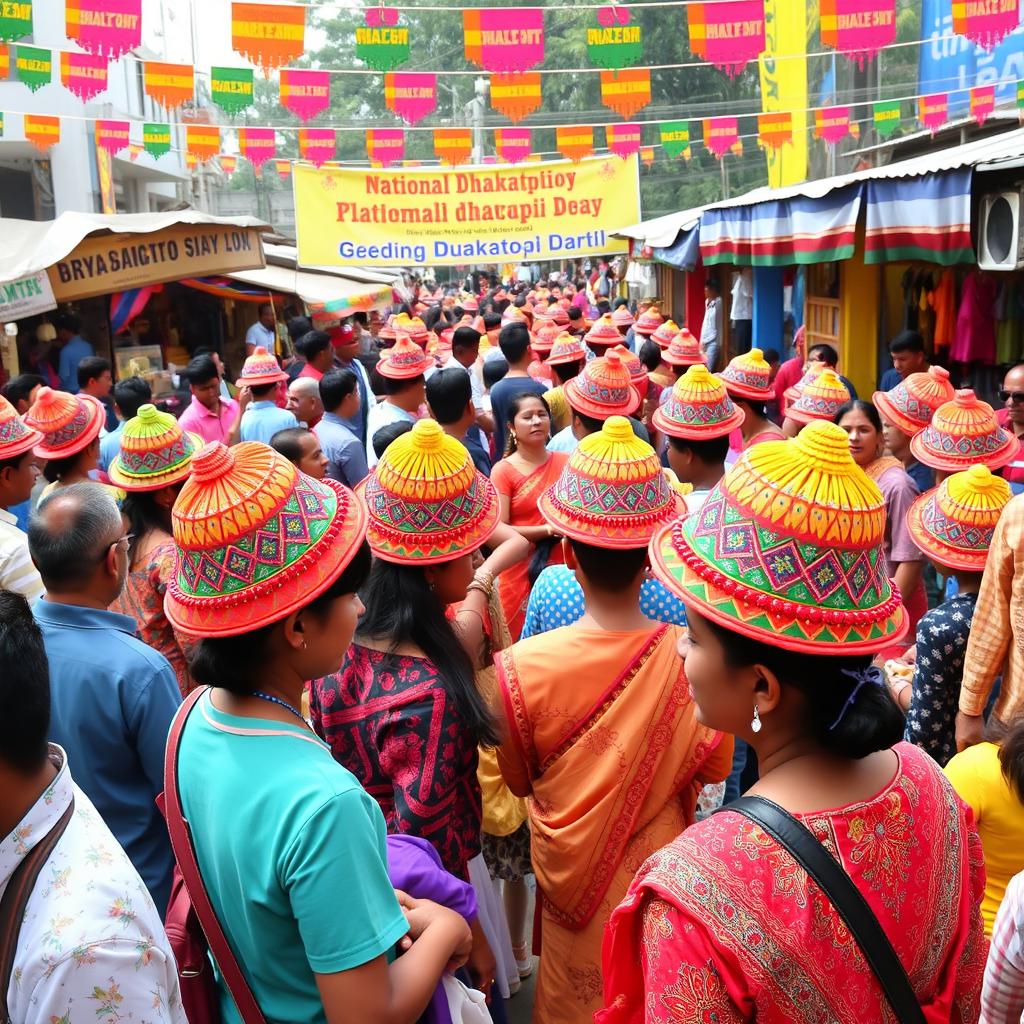 A vibrant celebration scene on National Dhakatopi Day featuring colorful traditional dhakatopi hats being worn by a diverse group of people in a festive atmosphere