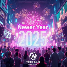 A futuristic New Year wish for 2025, showcasing a vibrant techno world filled with digital elements, neon lights, and advanced technology