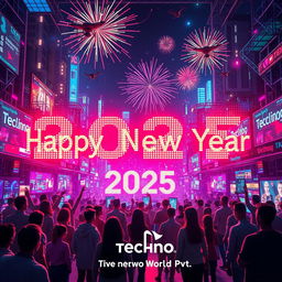 A futuristic New Year wish for 2025, showcasing a vibrant techno world filled with digital elements, neon lights, and advanced technology