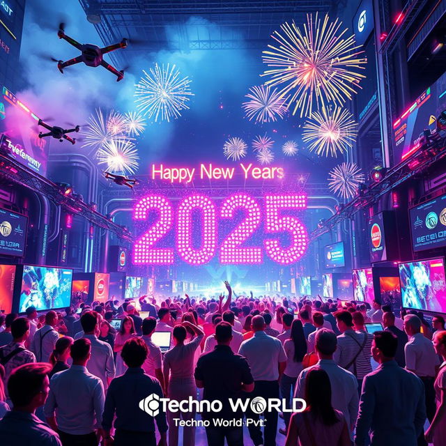 A futuristic New Year wish for 2025, showcasing a vibrant techno world filled with digital elements, neon lights, and advanced technology