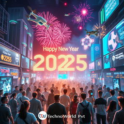 A futuristic New Year wish for 2025, showcasing a vibrant techno world filled with digital elements, neon lights, and advanced technology