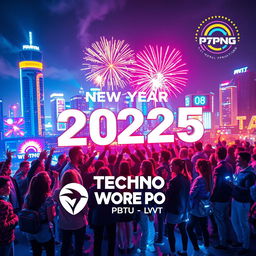 A vibrant and futuristic New Year 2025 celebration in a bustling techno world, featuring dazzling lights and advanced technology