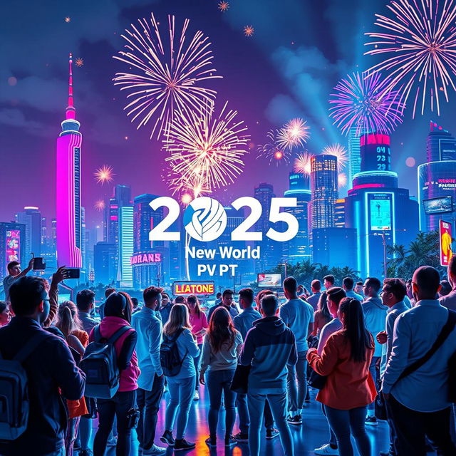 A vibrant and futuristic New Year 2025 celebration in a bustling techno world, featuring dazzling lights and advanced technology