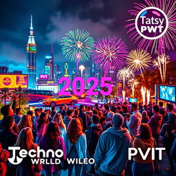 A vibrant and futuristic New Year 2025 celebration in a bustling techno world, featuring dazzling lights and advanced technology