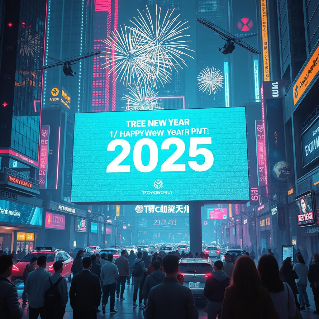 A futuristic New Year celebration scene set in a high-tech metropolis with vibrant neon lights, flying cars, and advanced technology integrated into the environment