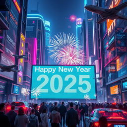 A futuristic New Year celebration scene set in a high-tech metropolis with vibrant neon lights, flying cars, and advanced technology integrated into the environment