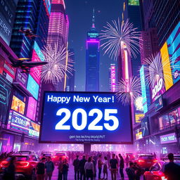 A futuristic New Year celebration scene set in a high-tech metropolis with vibrant neon lights, flying cars, and advanced technology integrated into the environment