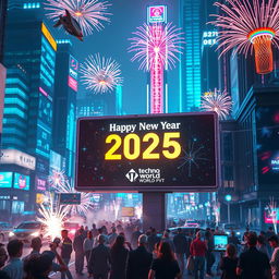 A futuristic New Year celebration scene set in a high-tech metropolis with vibrant neon lights, flying cars, and advanced technology integrated into the environment