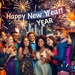 A vibrant and festive New Year celebration, featuring a diverse group of cheerful people of various ethnic backgrounds, dressed in colorful party attire, celebrating with confetti and sparkling fireworks in the night sky