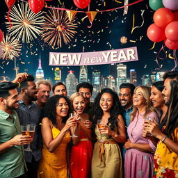 A vibrant and festive New Year celebration, featuring a diverse group of cheerful people of various ethnic backgrounds, dressed in colorful party attire, celebrating with confetti and sparkling fireworks in the night sky