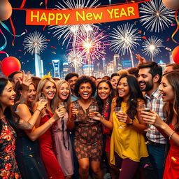 A vibrant and festive New Year celebration, featuring a diverse group of cheerful people of various ethnic backgrounds, dressed in colorful party attire, celebrating with confetti and sparkling fireworks in the night sky