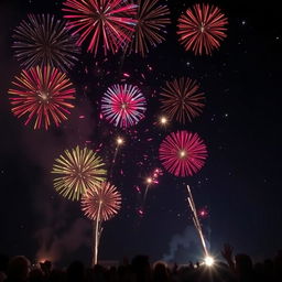 A realistic night sky filled with fireworks, showcasing a variety of colors such as red, blue, and yellow, bursting in different shapes like stars and spirals