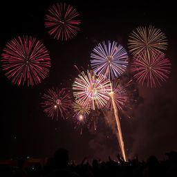 A realistic night sky filled with fireworks, showcasing a variety of colors such as red, blue, and yellow, bursting in different shapes like stars and spirals