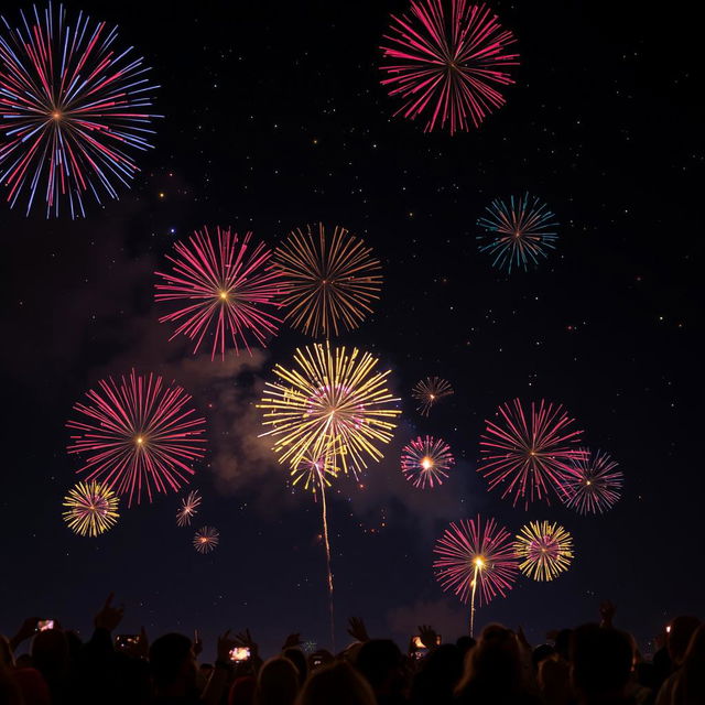 A realistic night sky filled with fireworks, showcasing a variety of colors such as red, blue, and yellow, bursting in different shapes like stars and spirals