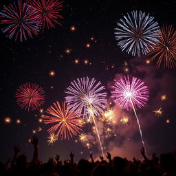 A realistic night sky filled with fireworks, showcasing a variety of colors such as red, blue, and yellow, bursting in different shapes like stars and spirals