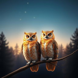 A beautiful and serene scene featuring a golden owl couple perched on a branch under a twilight sky