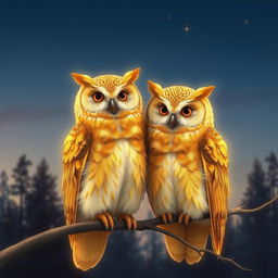 A beautiful and serene scene featuring a golden owl couple perched on a branch under a twilight sky